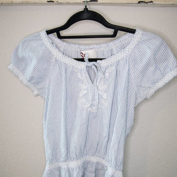 SO Pinstripe Peasant Top with Lace Detail - Picture 1 of 4
